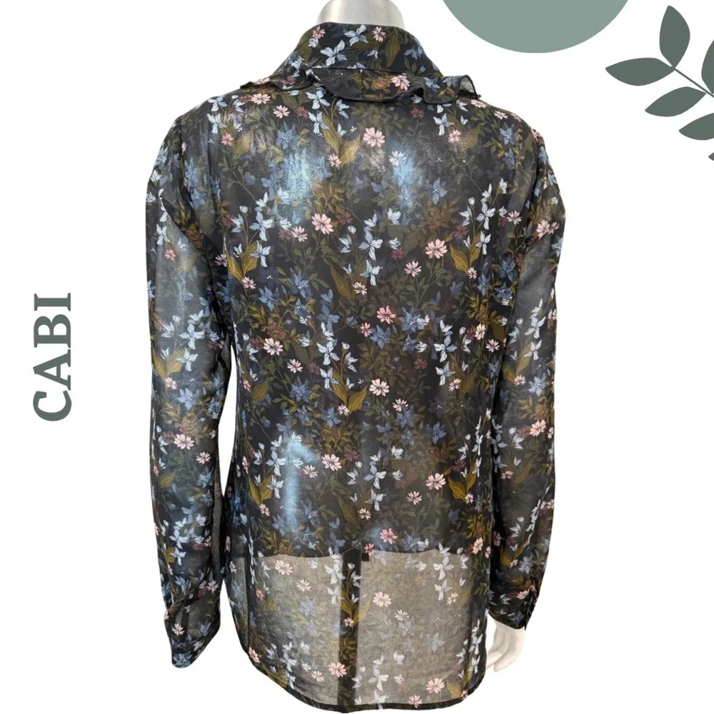 Cabi Women’s Sheer Floral Button-Down Floret Blouse Ruffle Collar  – Size Small - Picture 4 of 6